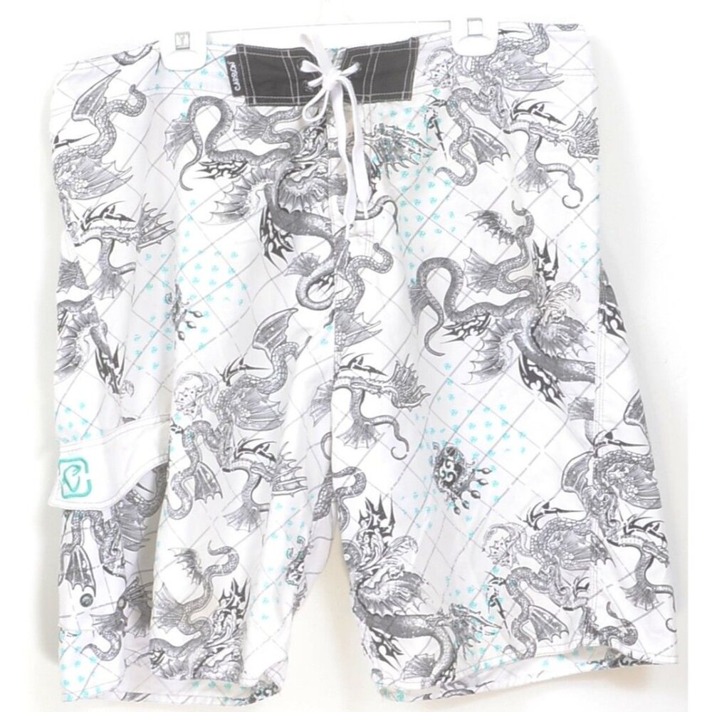 CARBON Men’s XL Dragon Graphics Goth Board Shorts Swim Trunks Grunge Punk Tattoo